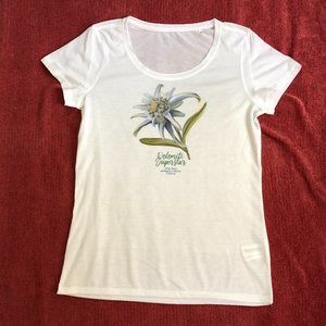 White crew-neck T-shirt with edelweiss flower, Size M